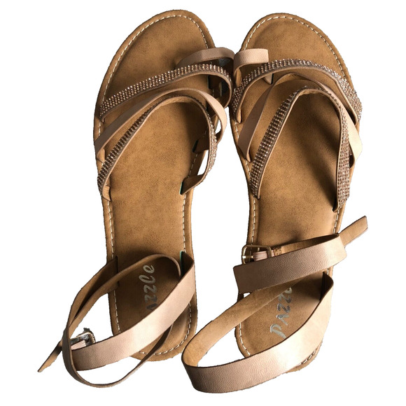 Dazzle Tan Rose Gold Rhinestone Cross Strap Toe Loop Sandal Size 8.5 - Picture 3 of 9